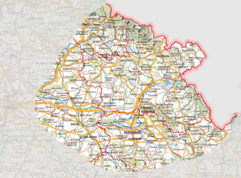 mapa působnosti, okres Hradec Králové, Jičín, Trutnov, Náchod, Rychnov nad Kněžnou, Pardubice, Ústí nad Orlicí, Chrudim, Svitavy, Kutná Hora, Kolín, Nymburk, Mladá Boleslav, Semily